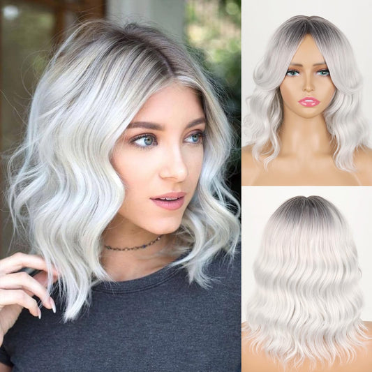 Gray Ombre Wig Short Gray Wavy Bob Wig with Bangs Gray Wigs for Women Synthetic Grey Curly Bob Wig Silver Gray White Hair Wig with Curtain Bangs Ombre Light Grey Wig with Dark Roots 14inch