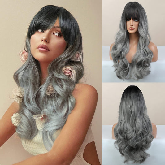 Honygebia Grey Wig with Bangs - Ombre Gray Wigs for Women, Long Wavy Layered Black Root Realistic Hair, Natural Synthetic Heat Resistant Wigs for Halloween/Christmas/Cosplay/Party