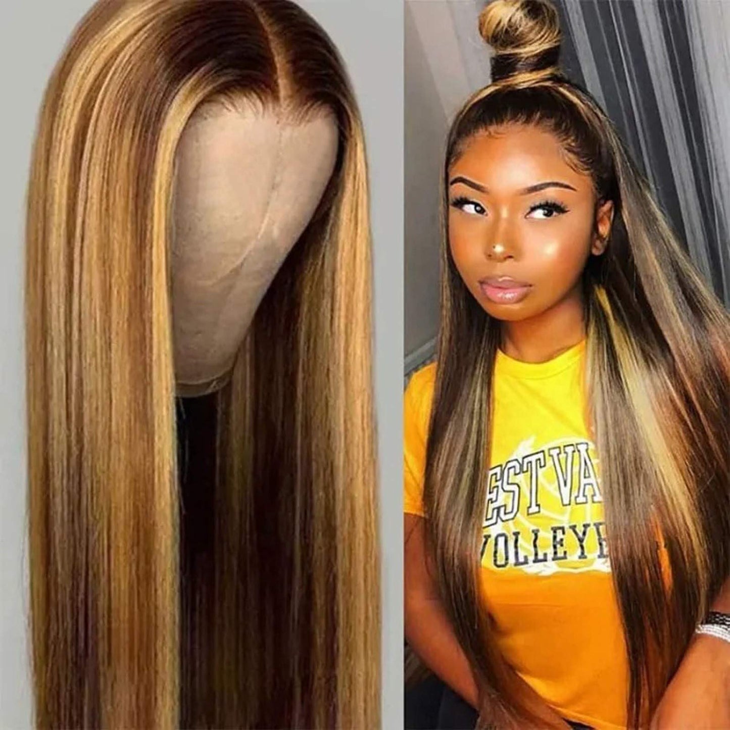 Design Hair Products Women Middle Highlights Wigs Long Part for Synthetic Brown Blonde Straight Mixed wig Osier Hair（A，16)