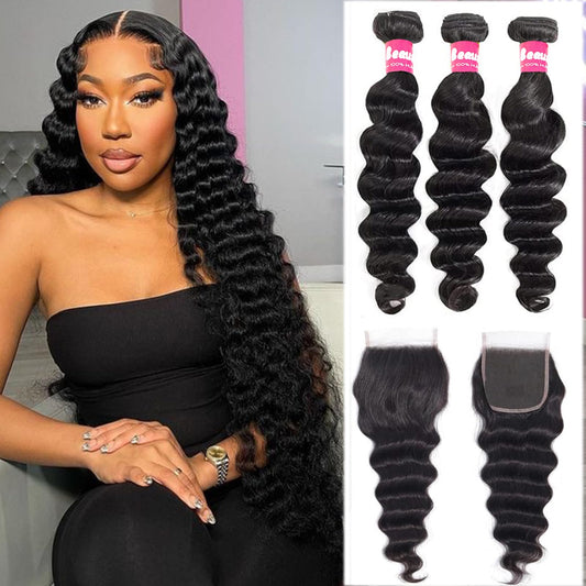 Beaushine 10A Human Hair Bundles with Closure-22 24 26+20inch 4x4 Free Part Lace Closure with Loose Deep Wave 3 Bundles, Unprocessed Brazilian Raw Human Hair Weave Loose Wave Natural Black Color