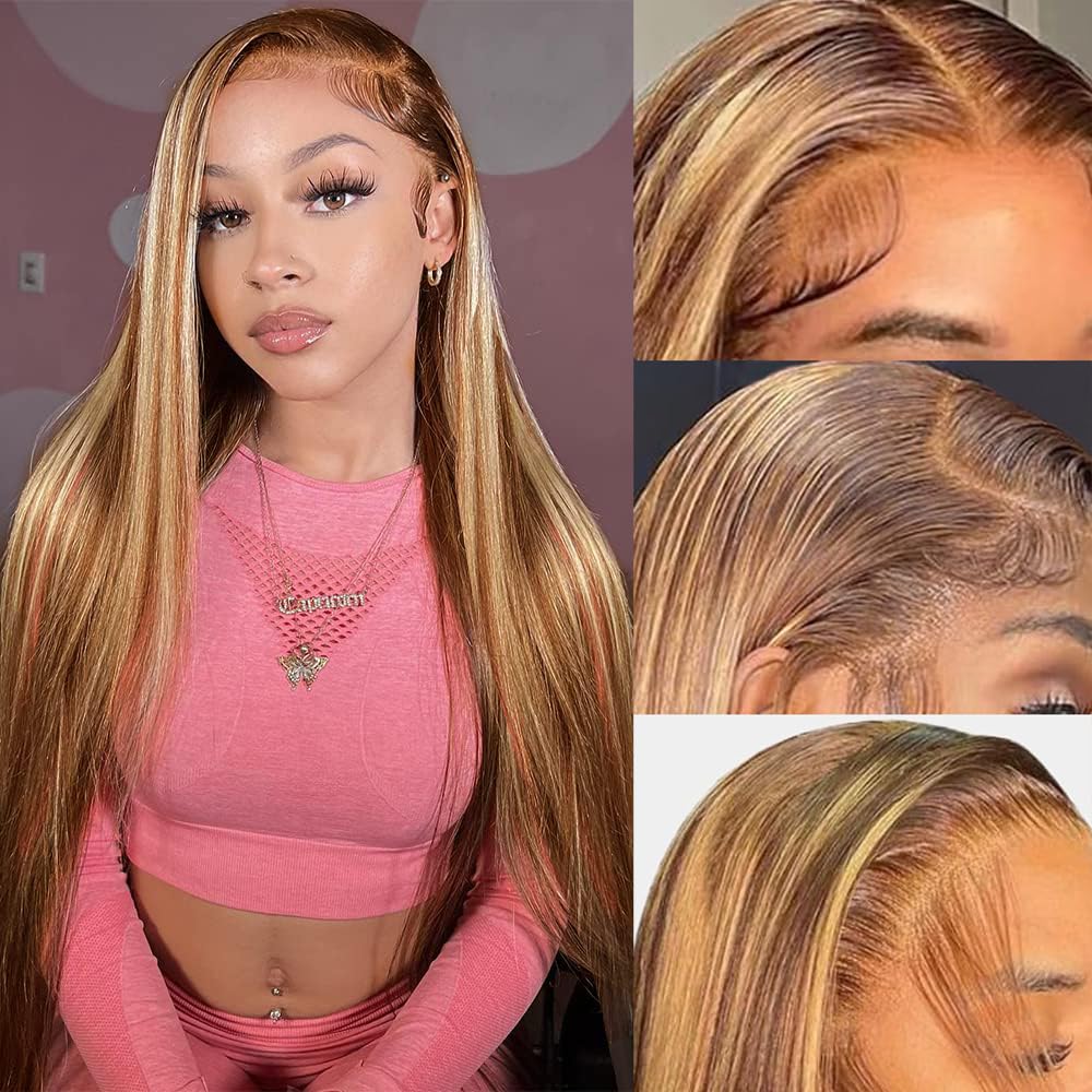 13x6 Ombre Highlight Lace Front Wigs Human Hair Pre Plucked HD Transparent Straight Lace Frontal Wigs 180% Density Glueless 4/27 Colored Honey Blonde Human Hair Wig for Women with Baby Hair 20Inch