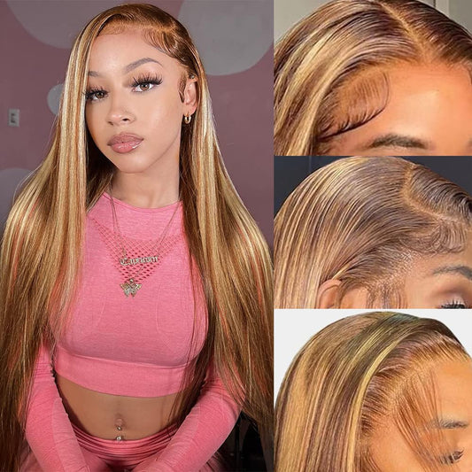 13x6 Ombre Highlight Lace Front Wigs Human Hair Pre Plucked HD Transparent Straight Lace Frontal Wigs 180% Density Glueless 4/27 Colored Honey Blonde Human Hair Wig for Women with Baby Hair 20Inch