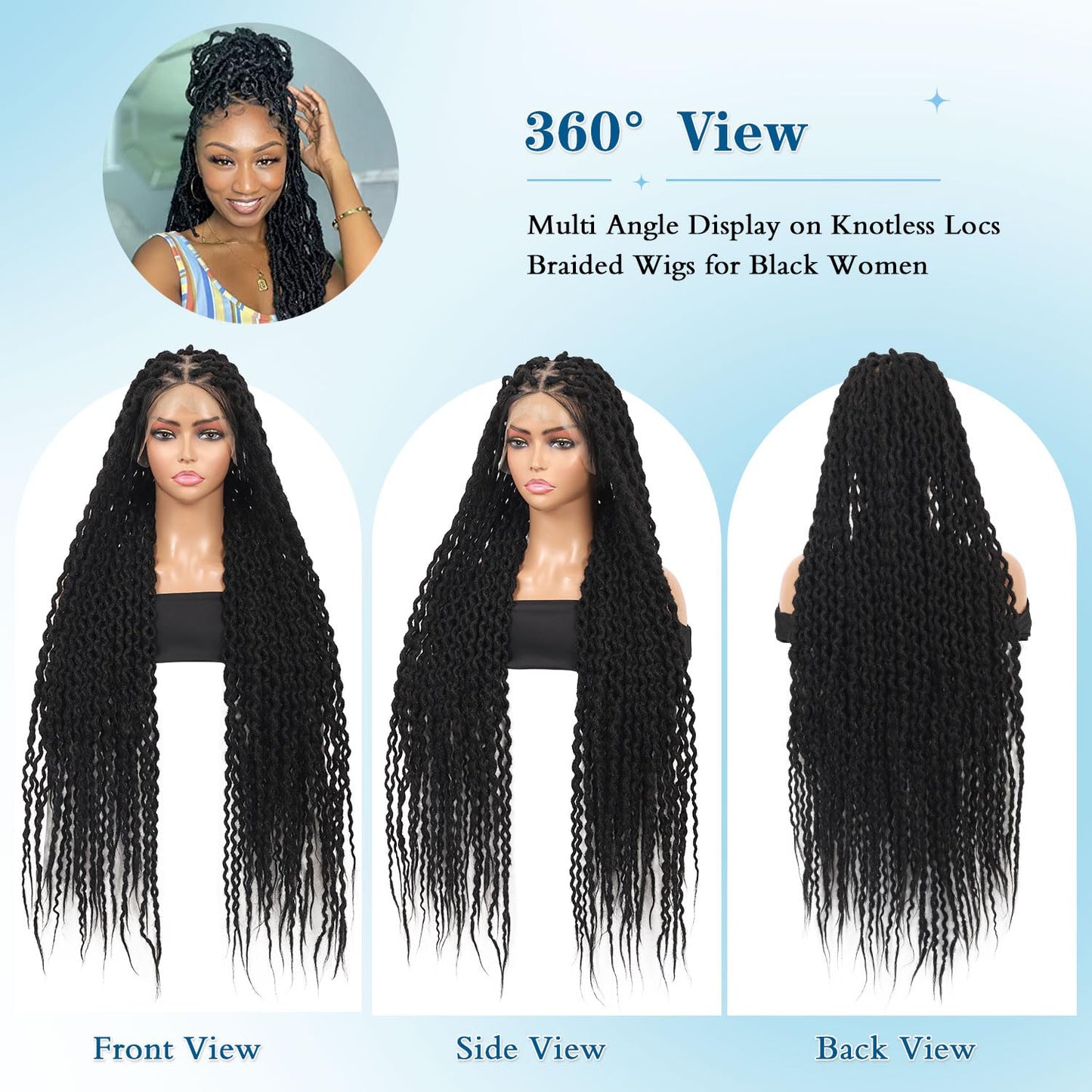 Olymei Locs Braided Wigs for Black Women Knotless Braided Wigs Loc Braided Wig with Baby Hair Full Double Lace Black Curly Locs Braided Wigs,38" Full Double Lace