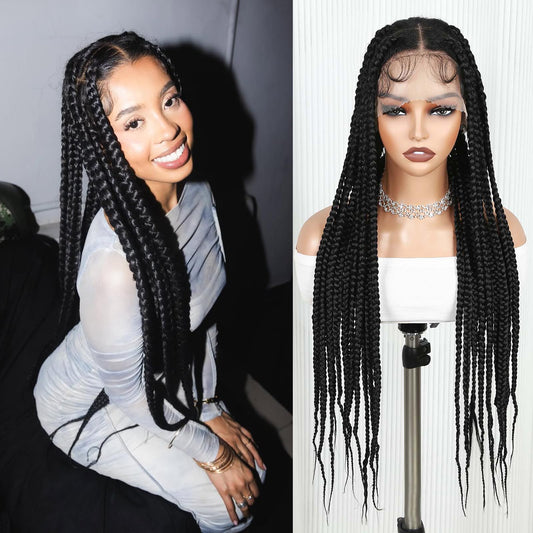 WIGER 360 Full Lace Braided Wigs for Black Women, 34 Inch Transparent HD Lace, Single-layer Jumbo Braids, 22 Handmade Braids, Natural Black Synthetic Lace Front Hair Wig