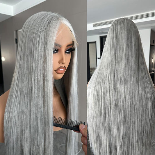 ZAVIDE 30 INCH Lace Front Wig Silver 13X5X1 Lace Front Wig Gray Synthetic Pre Plucked Natural Hair Line Ready to Wear SunKissed HD Lace Daily Wig