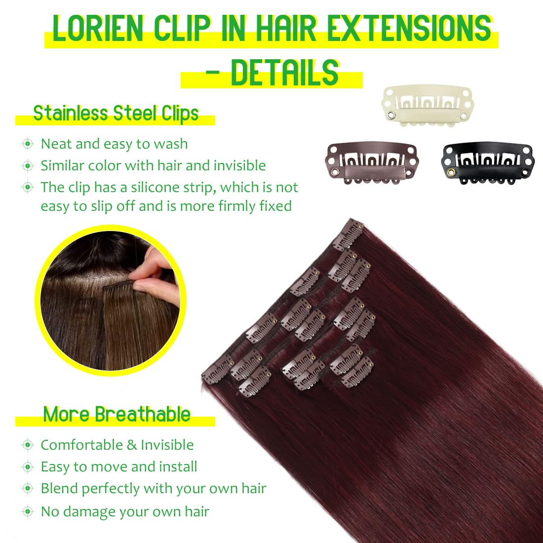LORIEN Clip in Hair Extensions Real Human Hair, 24 Inch 120g, 99J Burgundy, Clip in 100% Brazilian Remy Human Hair Extensions 8pcs Per Set with 18 Clips Double Weft