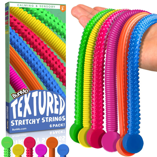 BUNMO Stretchy Strings - Sensory Toys for Toddlers 1-3 - Stimulating & Addictive Sensory Toys for Kids with Autism - Fidget Toy for Anxiety & Stress Relief - Hours of Fun for Kids - Textured 6pk