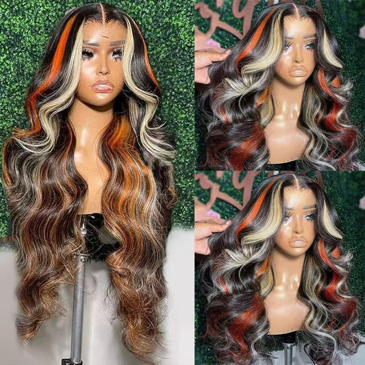 SISIFIRE Blonde Reddish Highlight Lace Front Wig Pre-plucked Glueless 13X4 Inch Ombre Synthetic Lace Front Wigs for Women Long Curly Wavy Wigs