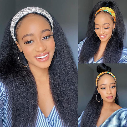 G&T Wig Yaki Straight Headband Wigs for Black Women Synthetic Yaki Headband Wig Long Kinky Straight Hair Wigs With Hair Band Attached 18 inch Full Machine Made None Lace Front Wig Natural Black Color