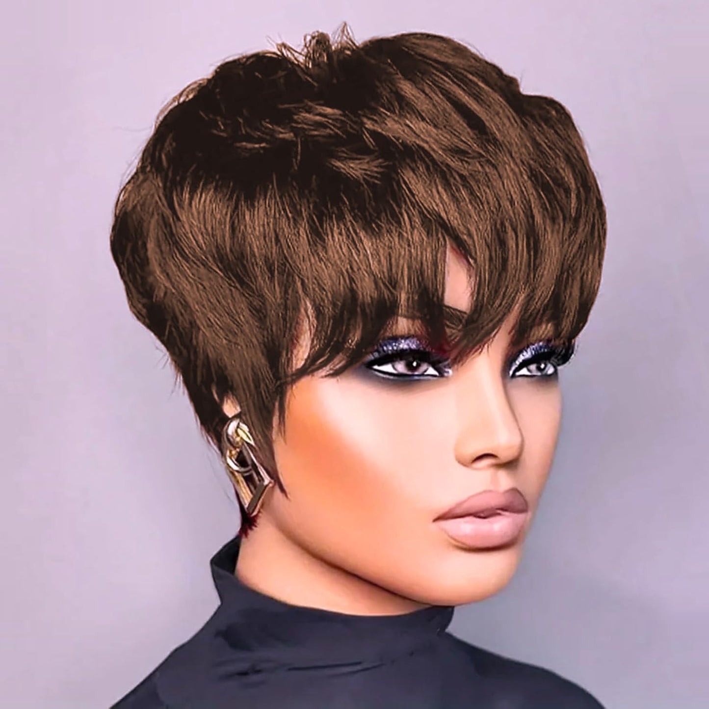 QiaQiaRing Chic Elegent 10A Pixie Cut Wigs for Black Women 4# Brown Color for Daily Use Short Layered Pixie Cut Human Hair Wigs With Bangs Brazilian Virgin Straight Human Hair (4#brown)