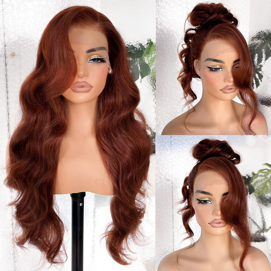 BlackSwern 13x6 HD Glueless Lace Frontal Wig Pre-Plucked 200 Density Reddish Brown Similar Human Hair Synthetic Long Body Wave Lace Front Wig Ready to Wear 26inch#33b Reddish Brown