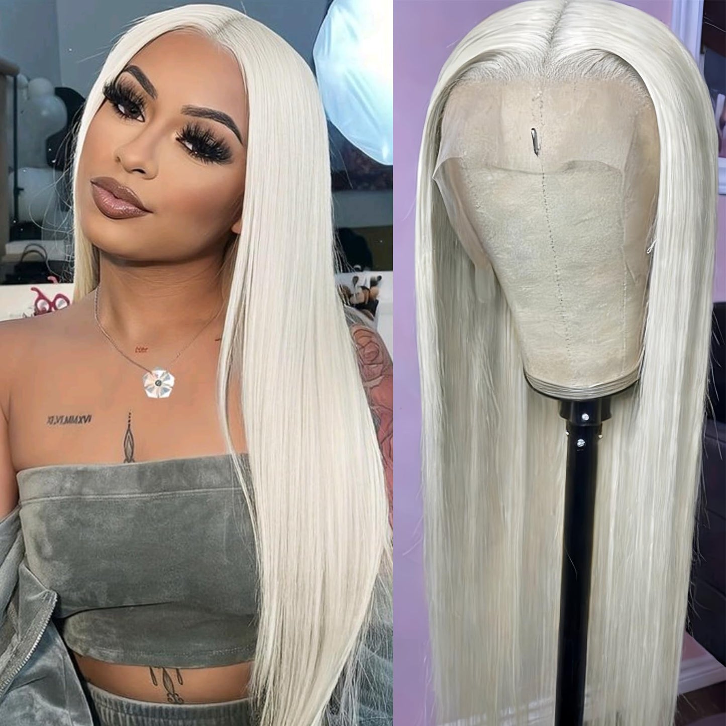Fugady 13x4 Glueless White Wig Straight Synthetic Lace Front Wig Pre Plucked 250 Density Hd Lace Wig With Baby Hair Heat Resistant Wigs For Women 26 inch Grey Silver Platinum Blonde Wig