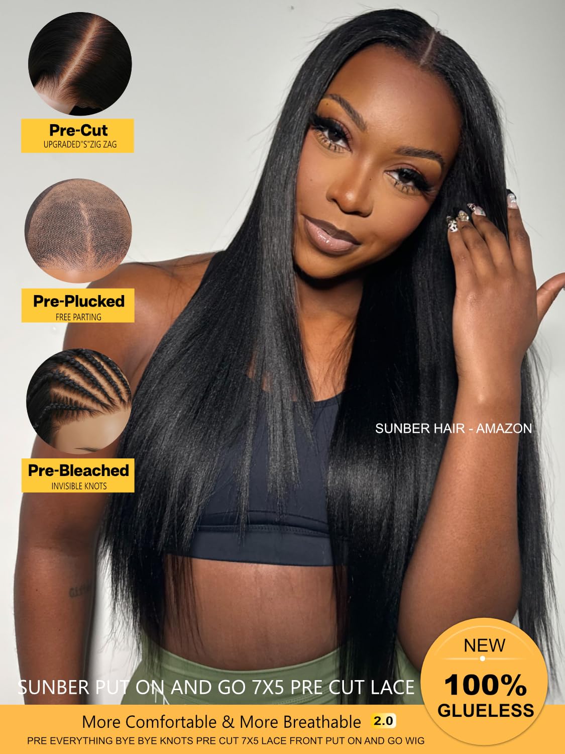 Sunber Yaki Straight Bye Bye Knots Pre Cut Lace 7x5 Lace Front Glueless Wig Put On Go Light Yaki Straight Human Hair Wig Pre Bleached Invisible Knots 150% Density with Baby Hair 20Inch for Beginner