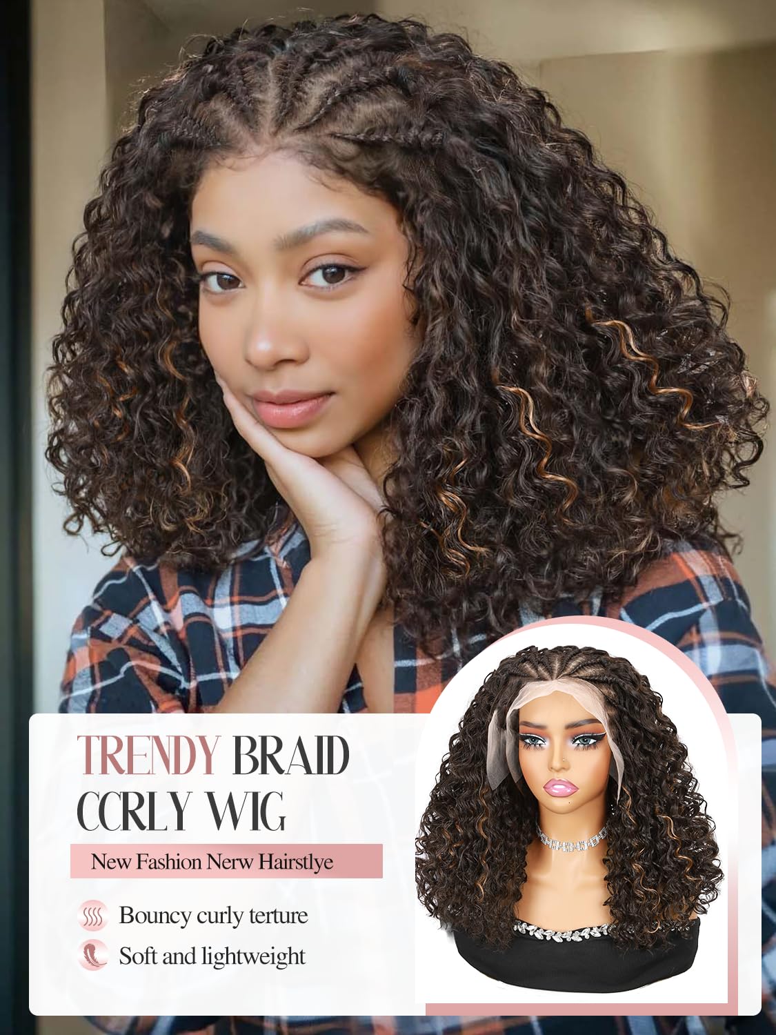 Quantum Love Braided Wigs for Black Women Braids Cornrows Lace Curly Wigs 16 Inch Fully Lace Frontal Braided Curly Bob Mix Brown Synthetic Glueless Wigs
