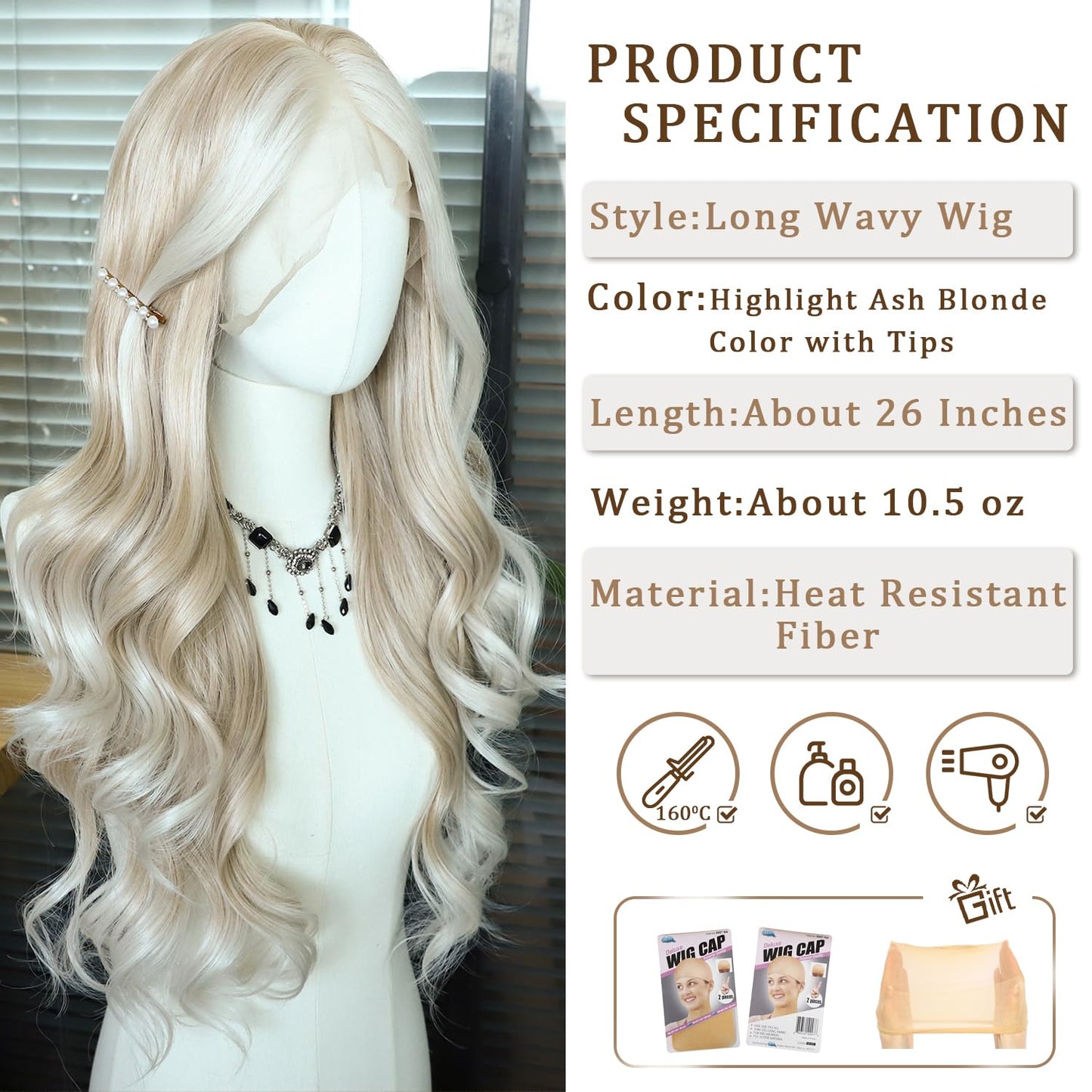 SAPPHIREWIGS 13×4 Body Wave Lace Front Wig for Women Highlight Ash Blonde with White Tips Pre Plucked Hairline Long Wavy Synthetic Wigs for Daily Party Use 26inch