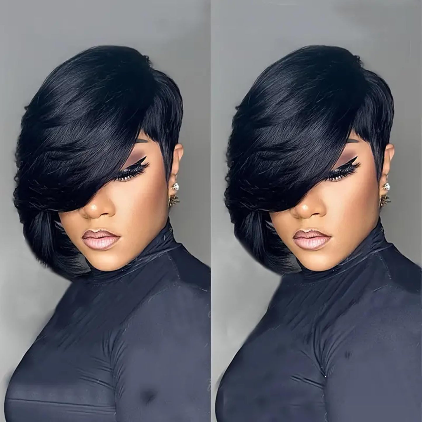 PangDongLai 10A Pixie Cut Wigs for Black Women Model Length Chic Elegent Short Layered Pixie Haircut Wigs With Bangs Brazilian Virgin Human Hair Natural Black 1b Color