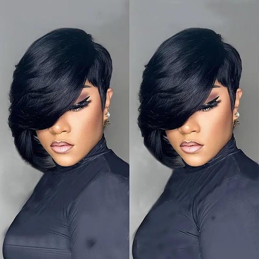 PangDongLai 10A Pixie Cut Wigs for Black Women Model Length Chic Elegent Short Layered Pixie Haircut Wigs With Bangs Brazilian Virgin Human Hair Natural Black 1b Color