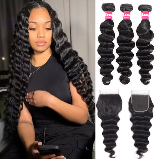 Beaushine Loose Deep Wave Bundles with Closure Human Hair (16 18 20+16) Unprocessed Brazilian Virgin Hair 3 Bundles with Lace Closure Brazilian Loose Curly Bundles Human Hair Natural Color