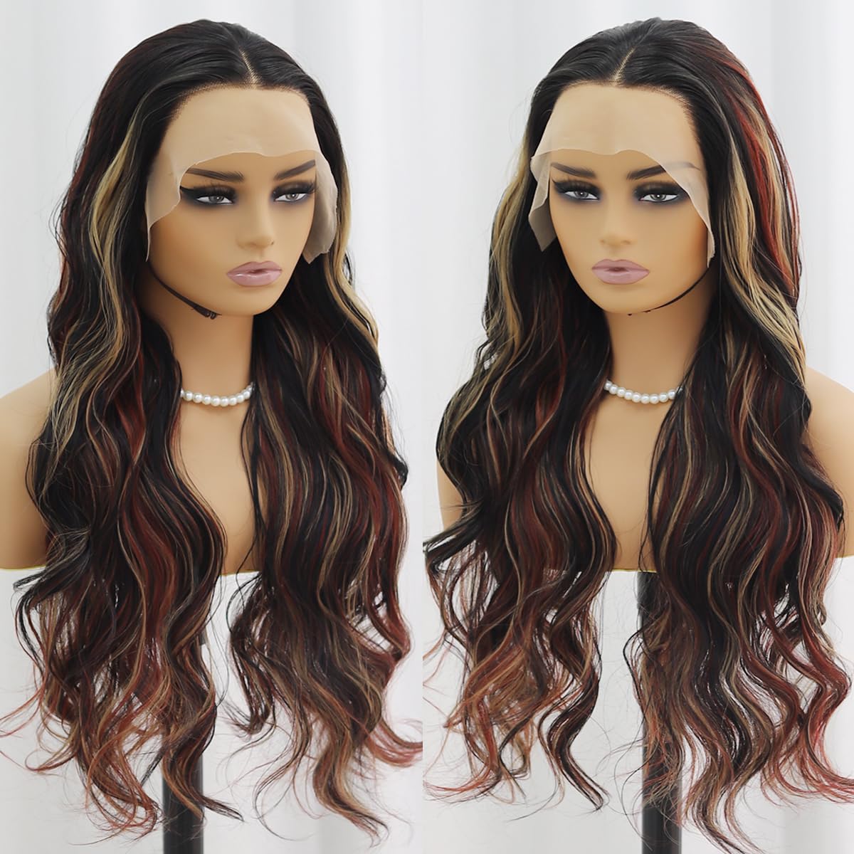 SISIFIRE Brown Highlight Lace Front Wigs for Women Pre-plucked Hairline Glueless 13X4 Inch Dark Burgundy Synthetic Lace Front Wig with Baby Hair Long Deep Body Wave Wigs