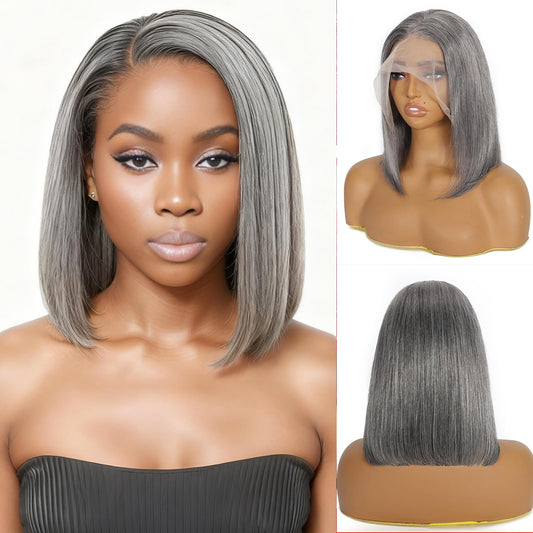 Hoscod Ombre Grey White Bob Wig Human Hair Straight 16 Inch 180 Density 13x4 HD Transparent Lace Frontal Wigs Baby Hair Pre Plucked Lace Front Wig for Black Women Glueles Grey mixed White Bob Wigs