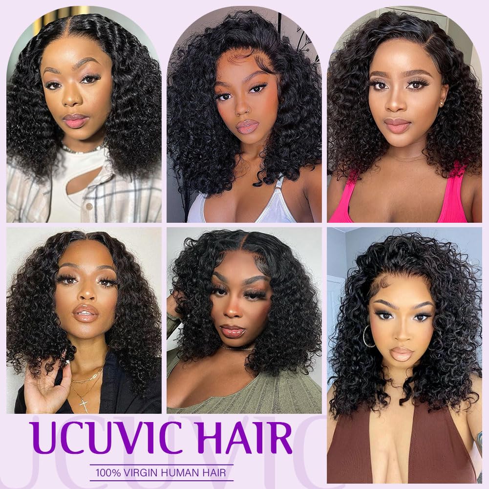UCUVIC Curly Bob Wig Human Hair 5x5 Wear And Go Glueless Wigs Human Hair Pre Plucked Pre Cut Deep Wave Lace Front Closure Wigs For Black Women 200 Density Curly Wig Glueless Wear And Go Black 12 Inch