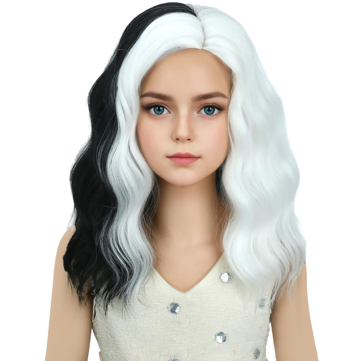 DUDUWIG Girls Black and White Wig Kids Short Half Black and Half White Wavy Curly Bob Wig Children Black White Wig for Halloween Cosplay