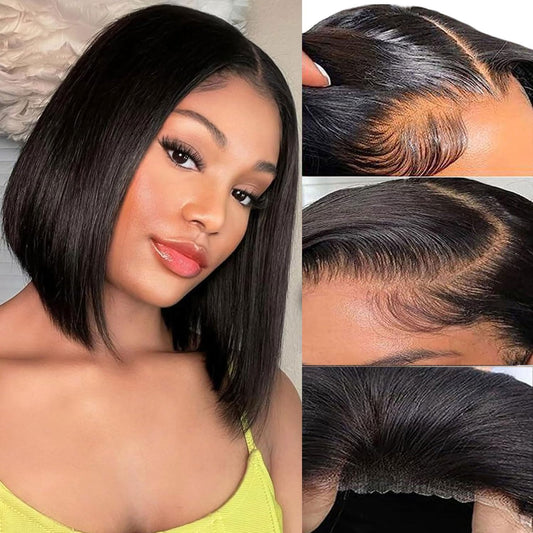 YFOXI Wear and Go Glueless Wigs Human Hair Pre Cut Bob Wig Human Hair Glueless Lace Front Wigs Pre Plucked 4x4 HD Lace Closure Wigs For Black Women With Natural Hairline(8 Inch)