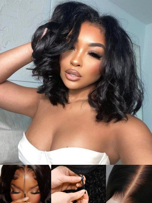 Sunber Put On and Go Glueless Light Yaki Loose Wave Bob Human Hair Wigs Pre Plucked Pre Bleached Human Hair Bye Bye Knots Pre Cut 13x4 HD Lace Front Lace with Elastic Drawstring Pre Everything 10Inch
