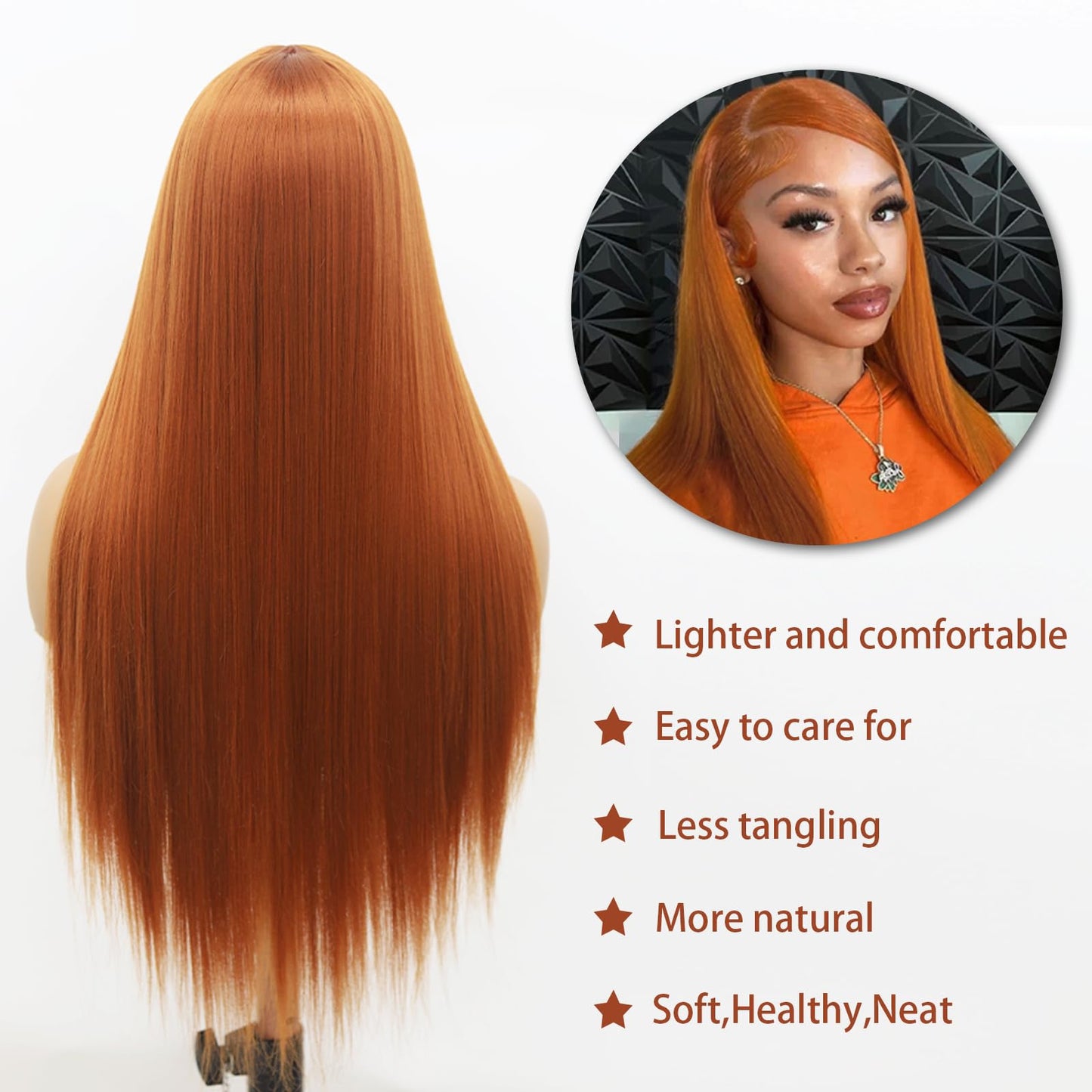 Fugady Long Ginger Glueless Wig 13x4 Orange Straight Heat Resistant Synthetic Fiber Lace Front Wig Dark Ginger Pre Plucked 200 Density Hd Lace Wig With Baby Hair Colorful Wigs For Women 26 inches