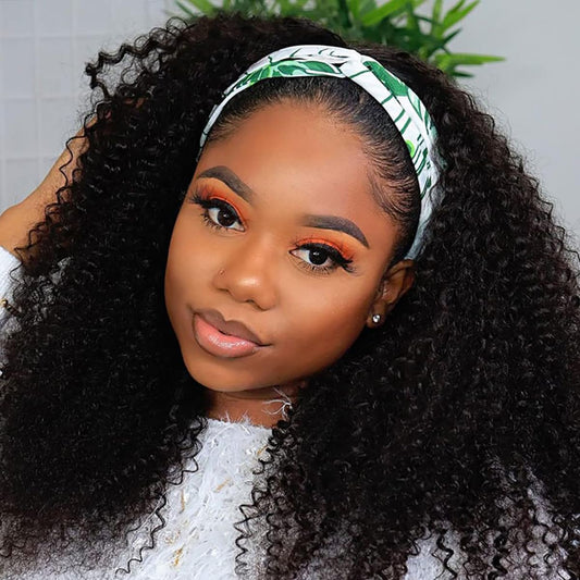 Kinky Curly Headband Wig Human Hair 18 Inch Headband Wigs for Women Human Hair Glueless None Lace Front Curly Wave Wigs Brazilian Virgin Hair Wear and Go Glueless Wig 150% Density Natural Black Color