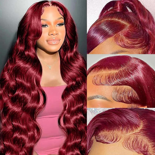 Dewyigs 24Inch 99J Burgundy Lace Front Wigs Human Hair 180 Density Red Burgundy Wig Human Hair 13x4 HD Body Wave Lace Front Wigs Human Hair Pre Plucked Glueless Frontal Wigs Human Hair for Women