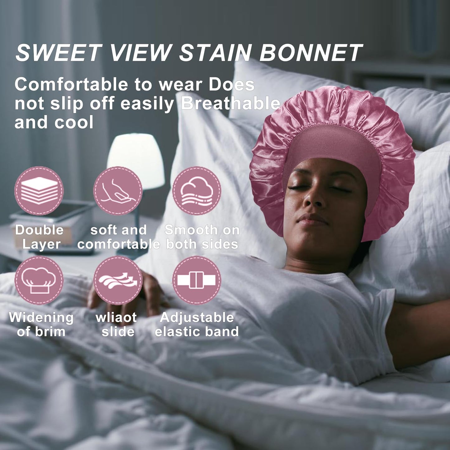 4PCS Silk Satin Bonnets for Black Women & Men - Elastic Wide Band Hair Wrap Cap for Curly Hair - Shower Cap for Sleeping (Black & Bean Paste Pink & Purple & Brown)
