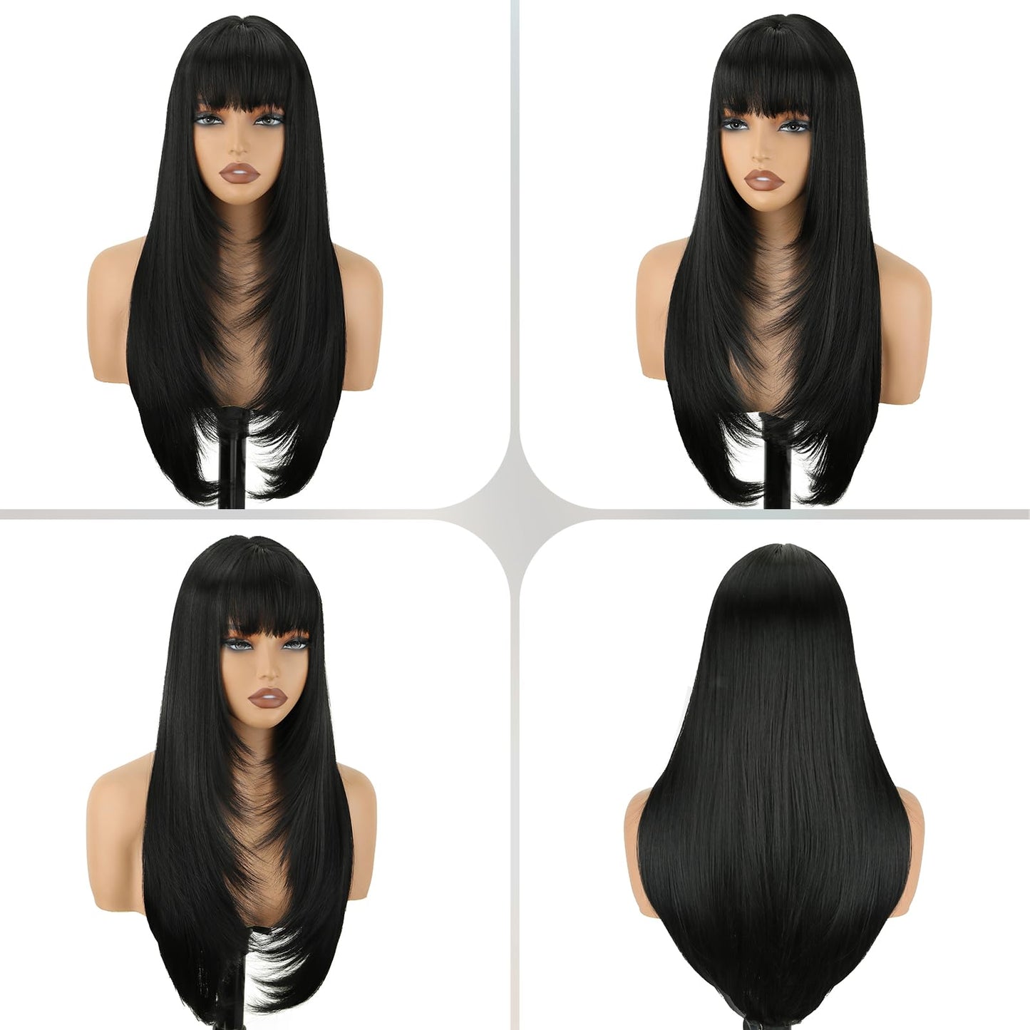 NOVFLKW Black Long Straight Layered Wig with Bangs for Women 26 inch Put on Go Realistic Synthetic Heat Resistant Natural Wig for Girls Party Cosplay and Daily Use