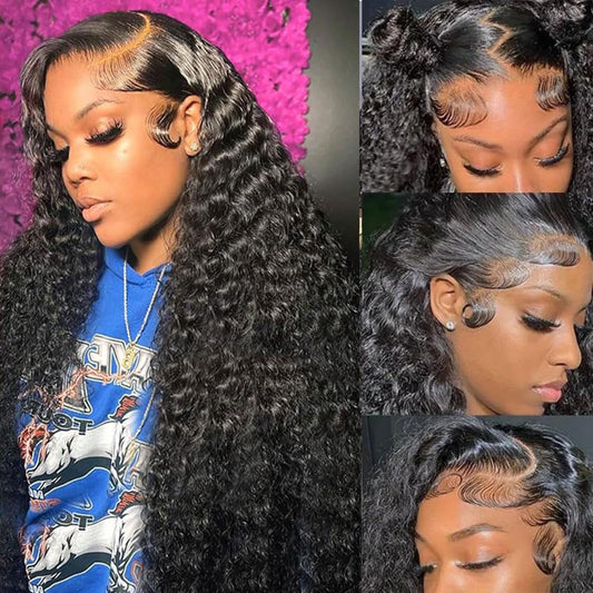 Rozilo Aomllute 30 Inch Deep Wave Lace Front Wigs Human Hair 200 Density 13x4 HD Lace Frontal Wigs Human Hair Pre Plucked Deep Curly Glueless Wigs Human Hair for Women Natural Black