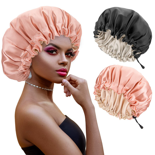 Atudew Satin Bonnet, 2PCS Silk Bonnet, Hair Bonnet for Black Women for Curly Hair Sleeping, Silk Sleeping Cap, Satin Sleep Cap, Satin Night Cap, Hair Cap for Sleeping, Sleep Bonnet, Black & Pink