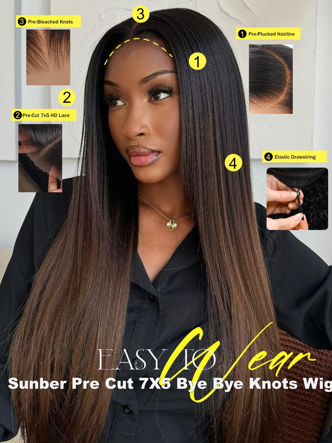 Sunber Ombre Chestnut Yaki Straight Human Hair Wigs with Drawstring Put and Go Bye Bye Knots Pre Cut 7x5 HD Lace Front Glueless Yaki Wigs Pre Plucked Invisible Knots 3S Wear 24Inch Beginner friendly