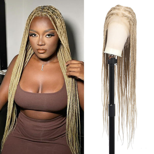 Olymei 360° Hd Full Lace Knotless Braided Wigs for Women Long Braided Lace Front Wigs with Baby Hair Light Brown Ombre Blonde Human Hair Blended Box Braid Wig 36"