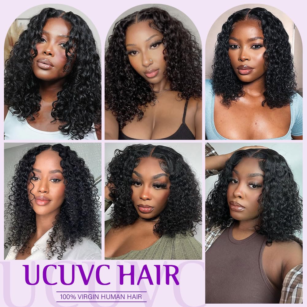 UCUVIC Wear And Go Glueless Wigs Human Hair Pre Plucked Pre Cut 5x5 Water Wave Bob Wig Human Hair Lace Front Closure Wigs For Black Women 200 Density Curly Wig Glueless Wear And Go Black 16 Inch