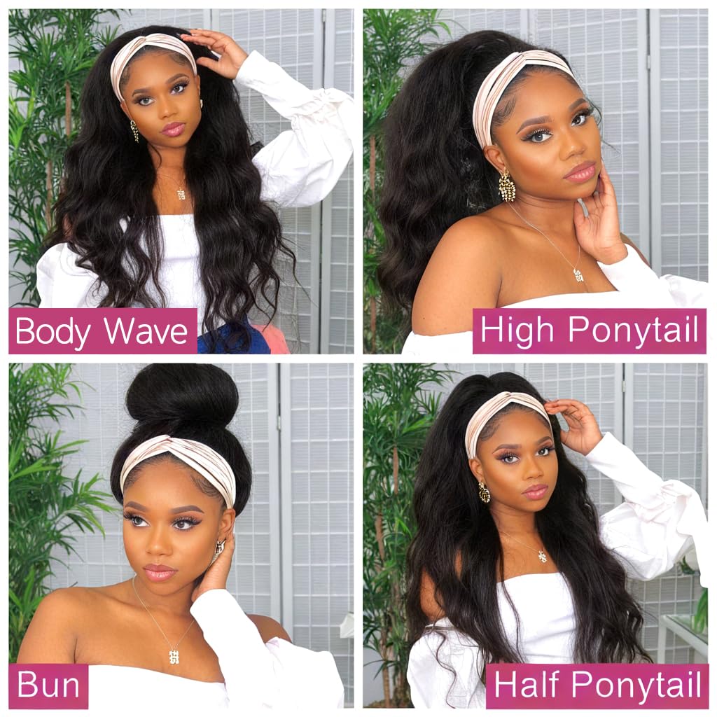 olimaruly Headband Wig Human Hair 20 inch None Lace Front Wig Human Hair Glueless Wigs Body Wave Headband Half Wigs for Black Women 150% Density Natural Color