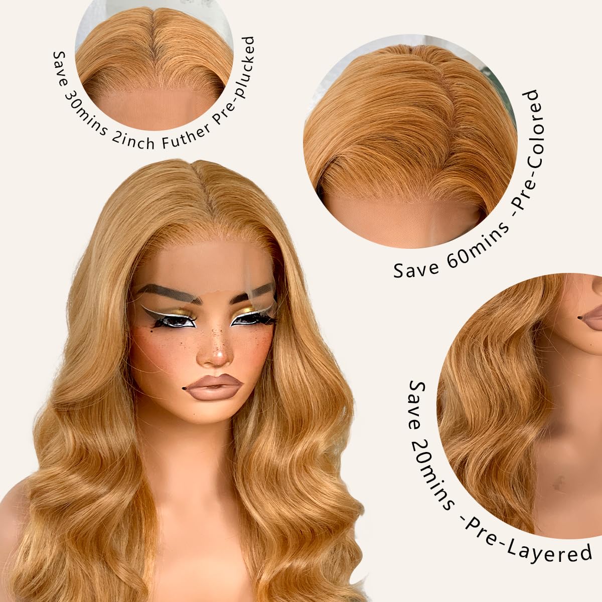Honey Blonde 13x6 HD Body Wave Lace Frontal Wigs 26inch Pre-Plucked, Synthetic Lace Front Wig 200 Density, 27# Colored For Black Women