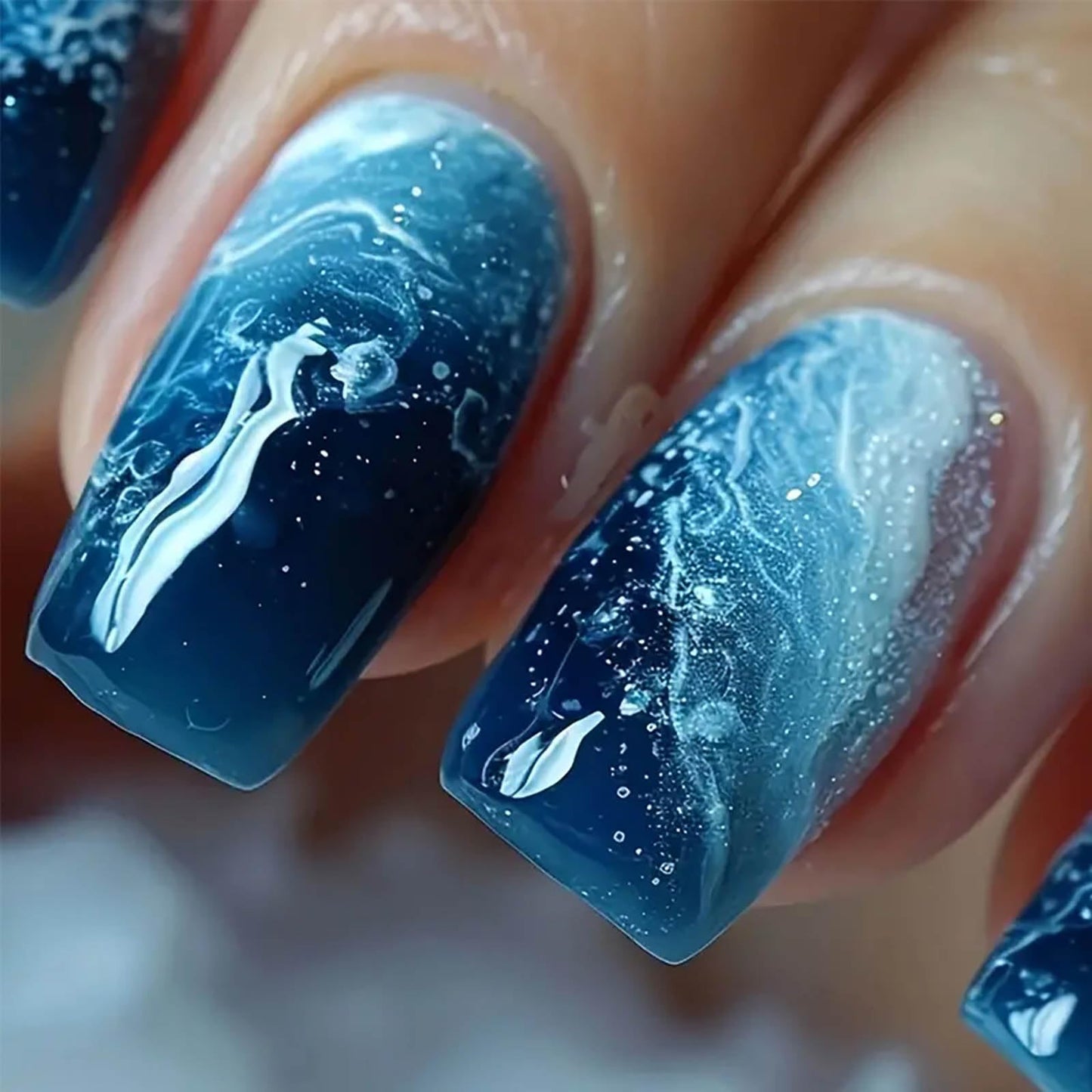 RTKHFZE Press on Nails Medium,Blue Press on False Nails,Square Fake Nails, Medium Nails Press Ons,with Designs Acrylic Nail,Full Cover Glue on Nail for Women Manicure