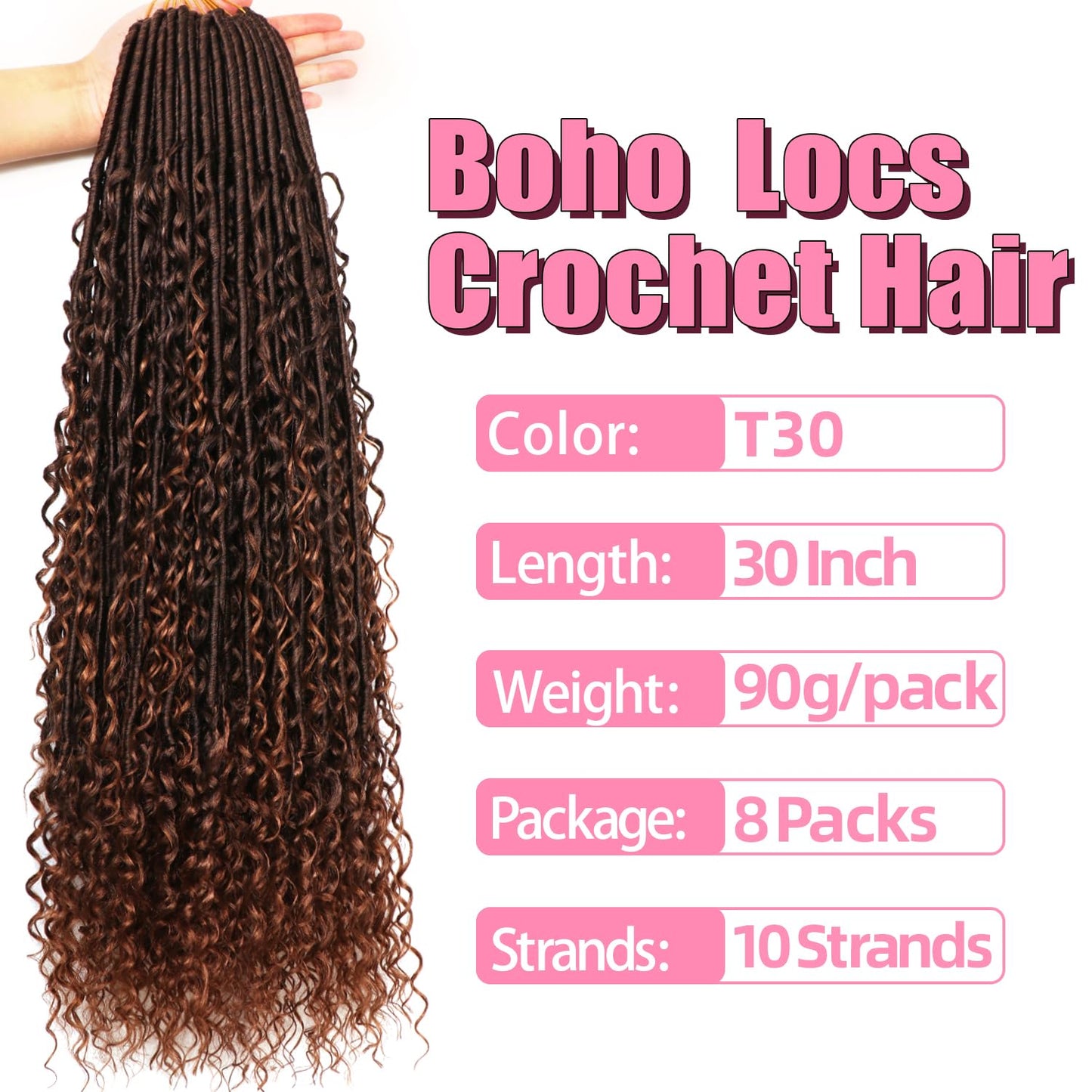 Soft Boho Locs Crochet Hair for Black Women-30 Inch 8 Packs Goddess Faux Locs Crochet Human Hair Feeling Pre Looped with Curly Ends(T30, 30 Inch(Pack of 8))