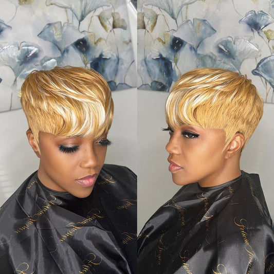 QiaQiaRing Chic Elegent Pixie Cut Human Hair Wigs for Black Women Short Layered Pixie Wigs With Bangs Brazilian Virgin Straight Human Hair 27/613 Daily Use Color (27/613)