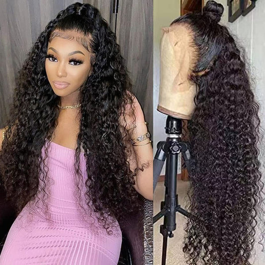 WPPIKK 13x4 Lace Front Wigs Human Hair Pre Plucked Brazilian Water Wave Human Hair Wigs for Black Women Glueless 180 Density Curly Lace Frontal Wig (32 Inch)