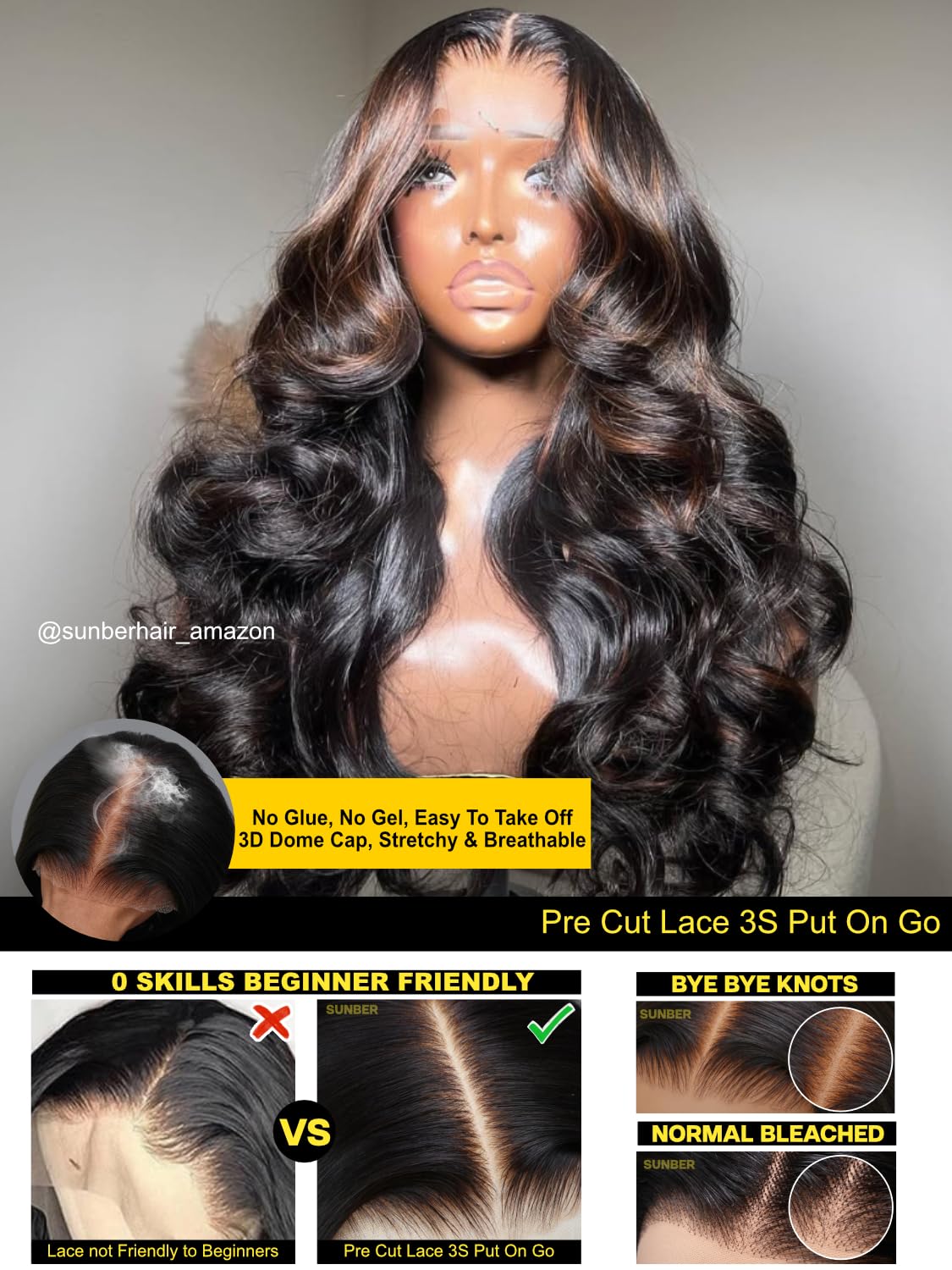 Sunber Bye Bye Knots 7x5 Lace Black with Caramel Blonde Highlights Body Wave Glueless Wigs Pre Everything Pre Cut 7x5 Lace Front Pre Plucked Pre Bleached Knots 150% Density 18Inch Put On and Go Wig