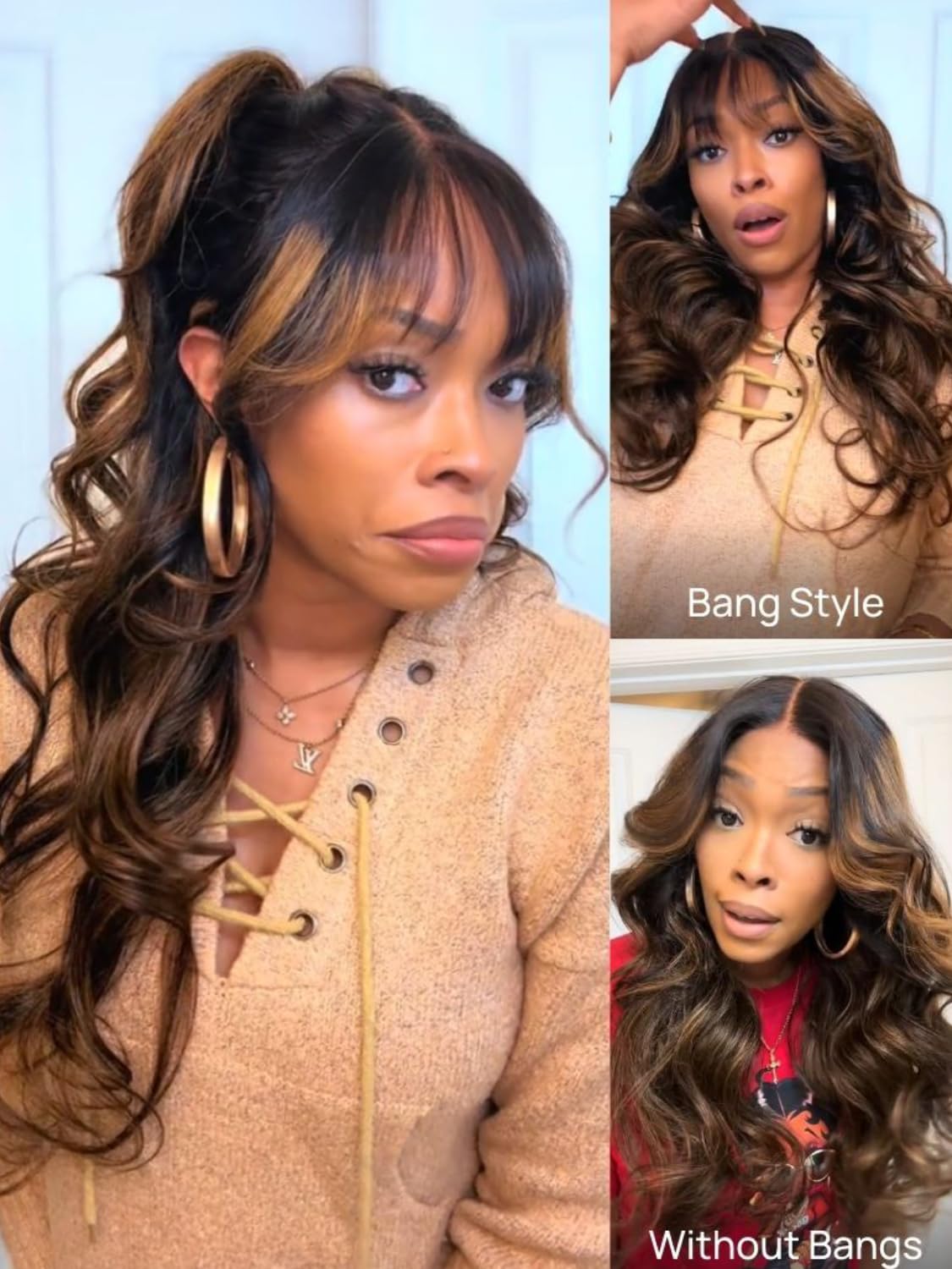 Sunber Ombre Brown Loose Body Wave With Bangs Pre Everything Glueless 13x4 HD Lace Front Human Hair Wig 180% Density Highlight Balayage Pre cut Lace Pre Plucked Bye Bye Knots Drawstring Wig 20Inch
