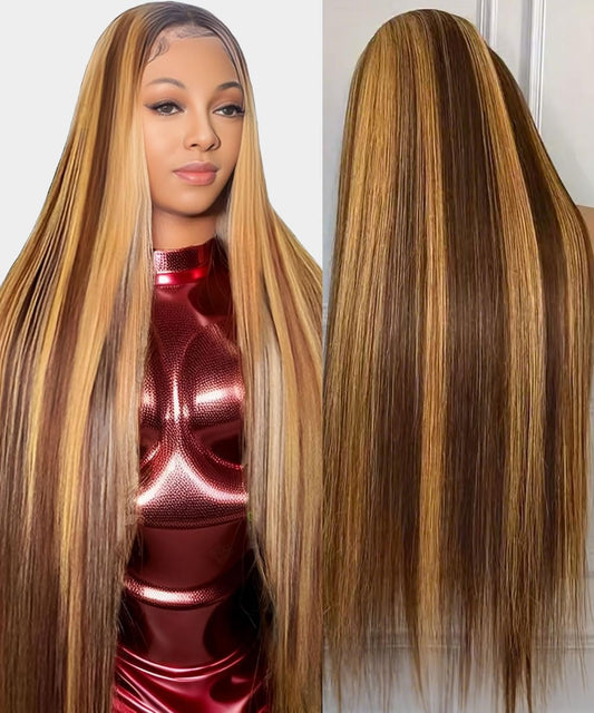 WOOMN 32 Inch Ombre Lace Front Wig Human Hair 13x6 HD Lace Frontal Straight Wigs Human Hair Pre Plucked 200 Density 4/27 Brown Highlight Wigs Colored Longer Life No Tangle No Shedding