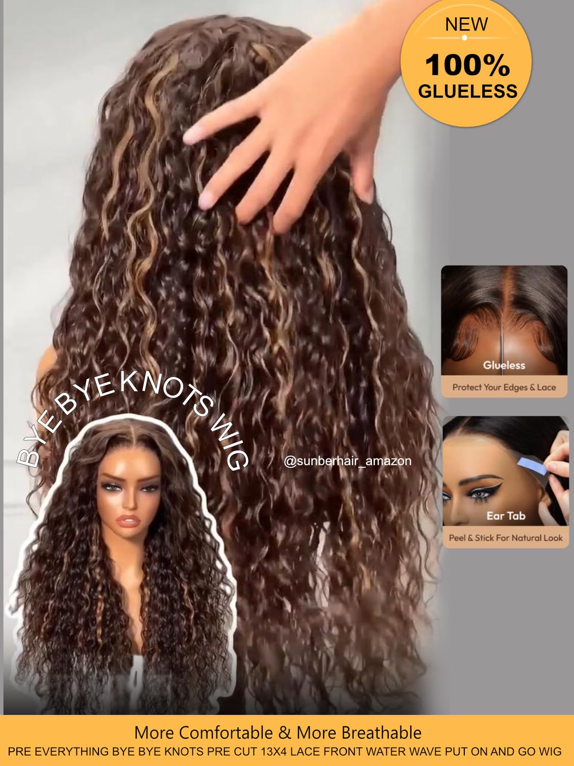 Sunber Ombre Brown Highlights Honey Blonde Water Wave Human Hair Glueless Wig Bye Bye Knots Pre Everything 7x5 Lace Front Pre Cut Lace Pre Plucked Pre Bleached Knots 150% Density 3S Pull Go 22Inch