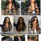 Sunber Butterscotch Highlights Brown with Free Face Framing Bangs Wig Pre Cut 7x5 Bye Bye Knots Lace Loose Wave Glueless Wigs 150% Density Pre Plucked Pre Bleached Knots 150% Density 24Inch Put On Wig