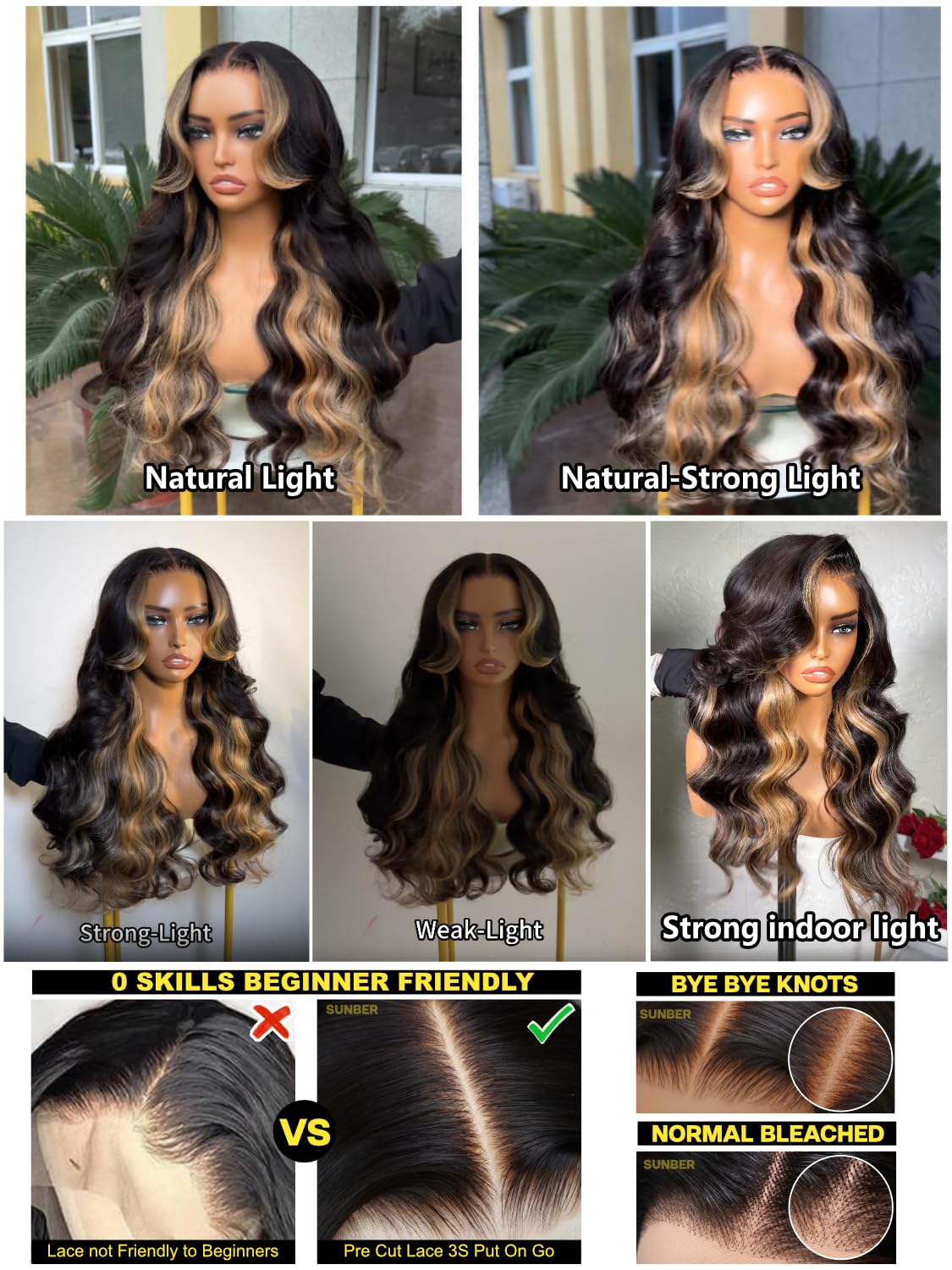 Sunber Butterscotch Highlights Brown with Free Face Framing Bangs Wig Pre Cut 7x5 Bye Bye Knots Lace Loose Wave Glueless Wigs 150% Density Pre Plucked Pre Bleached Knots 150% Density 24Inch Put On Wig